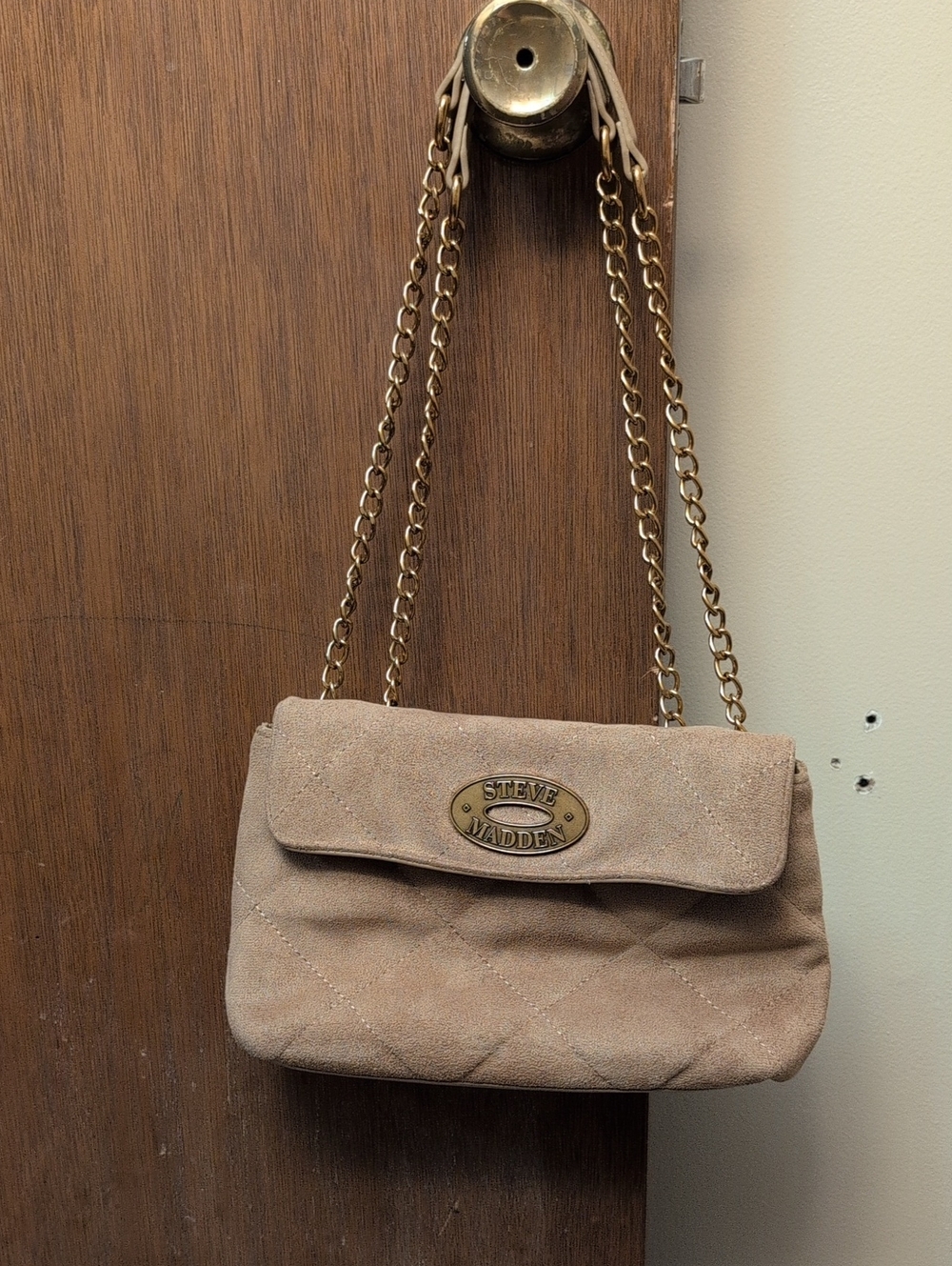Steve Madden Quilted Suede Shoulder Bag in Taupe with Gold Chain